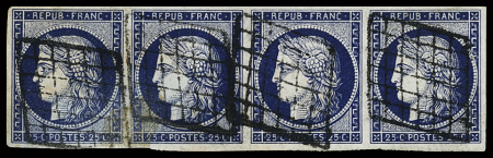 25c bleu foncé, bande de quatre horizontale, bien margée