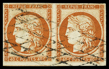 40c orange vif en paire, oblitérée grille sans fin.,