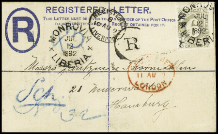 1892 10c Blue registered postal stationery bearing