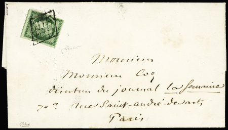 N°2 15c vert OBL grille sur lettre autographe de Jules Michelet (1851). TB