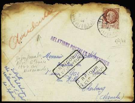 N°517 OBL Indret Loire Inf (5.6.44) sur env brûlée pour Cherbourg avec mention au crayon rouge "accidentée" et griffe violette "relations postales suspendues" (mitraillage d'un train par l'aviation alliée à la veille du 