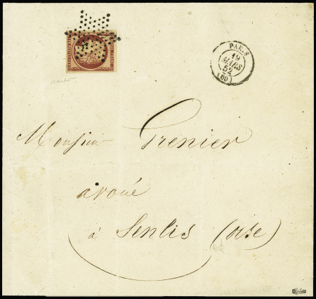 N°6 1F carmin, OBL étoile muette + CAD "Paris (60)"(1852) sur lettre pour Senlis avec arrivée, signé Calves