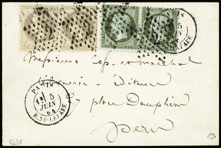 N°19 en paire + 27 en paire OBL étoile 2 + CAD "Paris R. St Lazare" (1861) sur lettre de Paris pour Paris, signé Calves et Roumet. TB