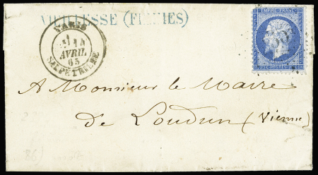 N°22 (pd) OBL étoile 35 + CAD "Paris Salpétrière" (1865) sur une petite lettre, ind 38. RRR et TB