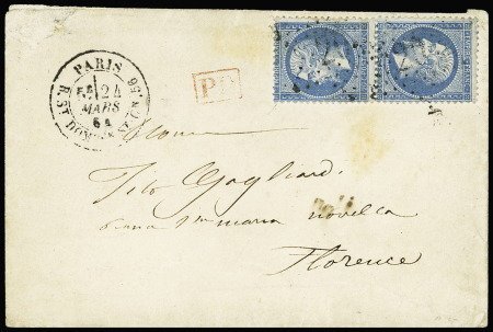 N°22b paire tête bêche verticale OBL étoile 20 + CAD "Paris R. St DOMque St Gn, 56" (1864) sur lettre pour l'Italie. TB