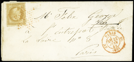 N°28 OBL étoile rouge "SC Paris SC" (1868) sur lettre. Utilisation RRR avant le Siège de Paris. TB