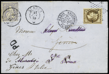 N°30 OBL étoile 3 + CAD "Paris Pl. de la Madeleine" (1870) sur lettre pour Genève en mixte de réexpédition pour l'Italie avec Suisse n°46 OBL St Prex.