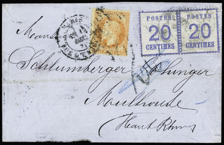N°31 OBL étoile 4 + CAD "Paris Rue d'Enghien" (dec 71) + Alsace n°6 en paire sur lettre pour Mulhouse avec taxe allemande 20 (dec 1871). TB
