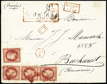 N°32, bande de 3 + une pièce OBL étoile rouge sur devant de lettre chargée de la Place de la Madeleine pour Bucarest. TB