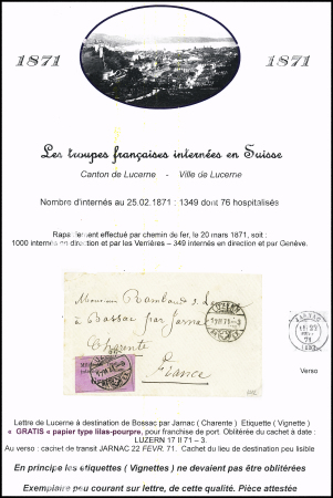 LUZERN : Umschlag nach Jarnac Frankreich; mit Gratismarke