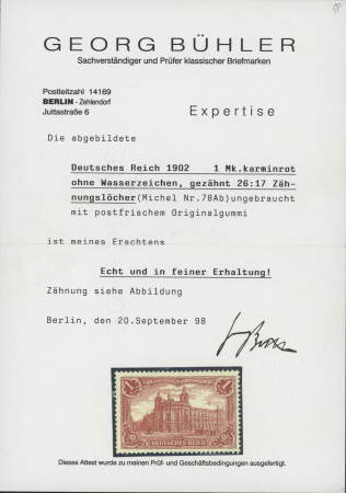 1902 DEUTSCHES REICH 1M carmine-red, perf. 26:17, never