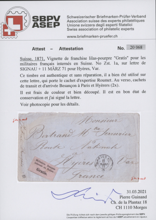 SIGNAU : Umschlag nach Hyères, Frankreich; mit Gratismarke,