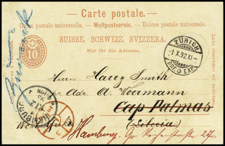 1892 10C rot Postkarte entwertet ZÜRICH 1 X 92 nach
