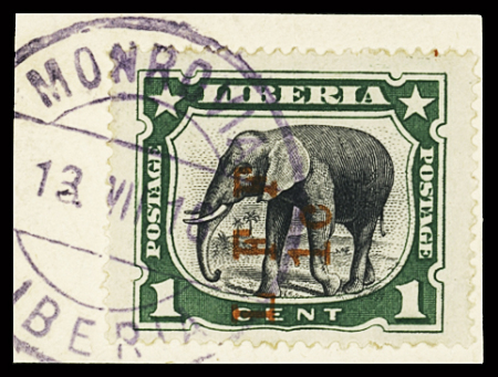1916 Liberian Frontier Forces 1c on 1c green (Elephant