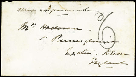 1872 Stampless cover to the UK with manuscript "Stamps