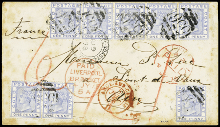 1876-84 1d blue, strip of five, pair and single tied