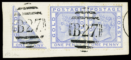 1876-84 1d Blue BISECT together with pair of normal