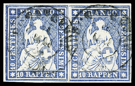 10Rp. blau, weissrandiges Paar, entwertet BONSTETTEN