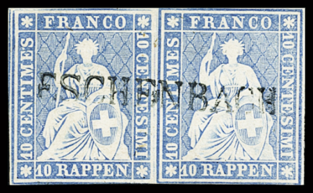10Rp. mattblau, im Paar mit Stabstempel ESCHENBACH