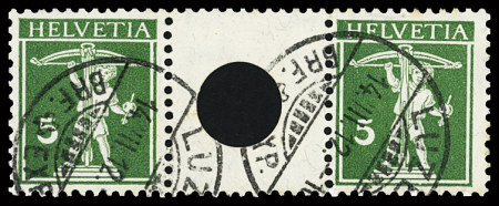 Tellknabe 5C+5C grün, Type III, grosse Lochung, gest.