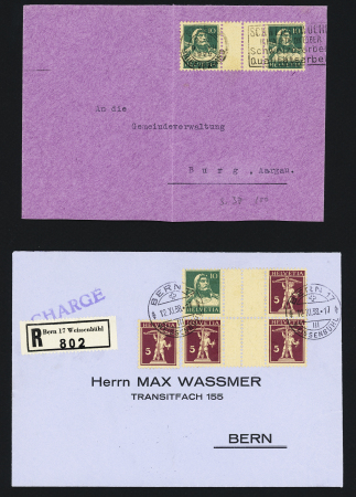 Tellbrustbild 10C blaugrün und Tellknabe 5C rotlila