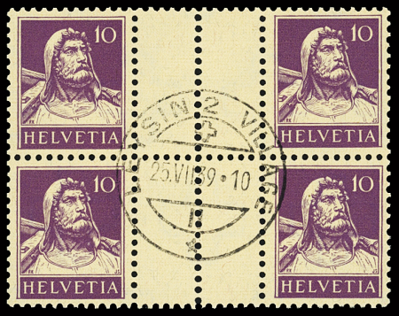 Tellbrustbild 10C+10C dunkelviolett auf geriffeltem Papier,