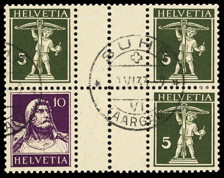 Tellbrustbild 10C dunkelviolett und Tellknabe 5C olivgrün