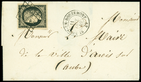 N°3 OBL grille + T15 "St Rémy-en-Bouzemont 49" (11 oct 49, Marne) sur lettre, ind 17. TB