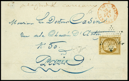 N°1 10c bistre-jaune OBL étoile muette + CAD rouge "bureau central (60)" (1852) sur lettre de Paris pour Paris. TB