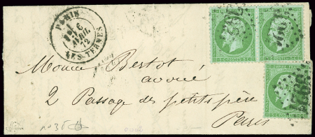 N°19 + 26 OBL Noyon (1868) sur bulletin administratif à l'usage des géomètres et n°35, 3 pièces OBL GC 3921 + CAD "Paris les Ternes" (1872) sur lettre locale, signé JF.Brun. TB