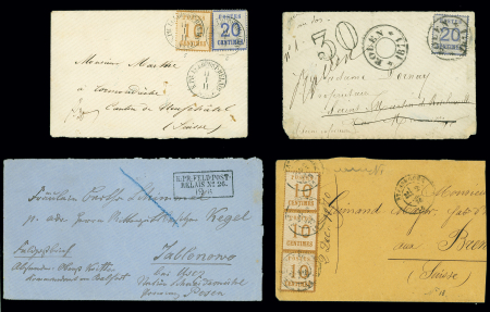 3 lettres et 1 devant : Alsace n°6 OBL CAD provisoire "Rouen 1871", n°5 en bande de 3 OBL T17 Strasbourg (2.12.70) pour la Suisse, Alsace n°5 + 6 OBL CAD rond "K. PR. Feldpost relais n°19" (1870) vers la Suisse et lettre