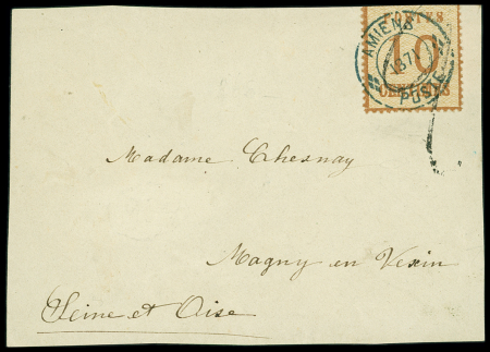 Alsace n°5, def, OBL CAD provisoire bleu "Amiens 1871 poste" sur devant de lettre avec taxe 2 tampon façon manuscrite. TB