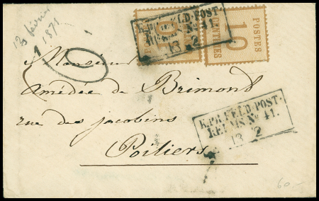 Alsace n°5, 2 pièces, OBL CAD rect "K. PR feld-post relais n°41" (132.2.71) sur lettre pour Poitiers avec taxe 2 tampon façon manuscrite. TB