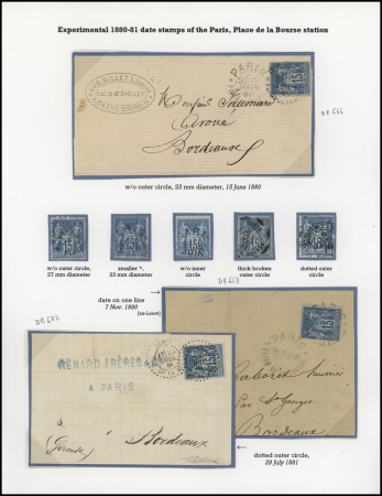 3 lettres AFF n°90 OBL CAD d'essai "Paris place de la Bourse" (1880 et 1881) (De Beaufond n°666 + 669 + 672) + 5 pièces détachées. TB