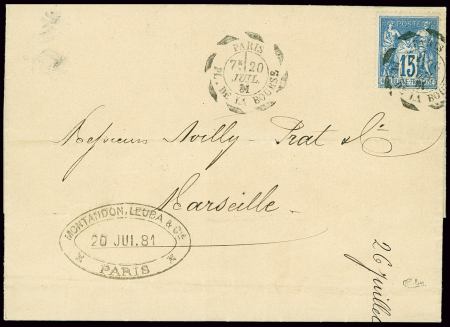 N°90 OBL CAD d'essai "Paris PL. de la Bourse" (1881) à cercle extérieur épais et interrompu (De Beaufond n°671) sur lettre. TB