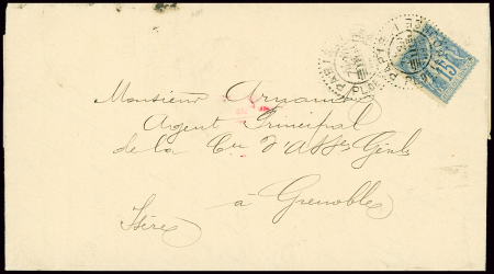 N°90 OBL CAD d'essai "Paris PL. de la Bourse" (1890) avec bloc dateur spécial (De Beaufond n°674) sur lettre. Rare et TB