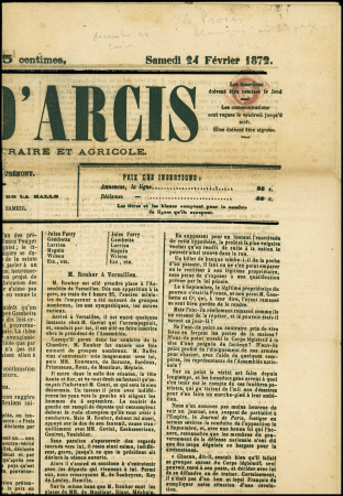 N°26 OBL typo sur journal "L'Echo d'Arcis" (Aube - 1872). TB