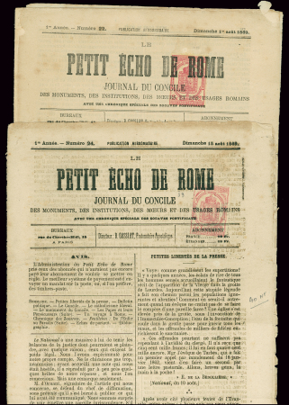 Journaux n°1, 2c lilas, OBL typo sur journal "Le Doubs journal démocratique" (1869) et n°9, 2c rose, OBL typo sur 2 journaux "Le Petit Echo de Rome" (1er et 15 aout 1869)
