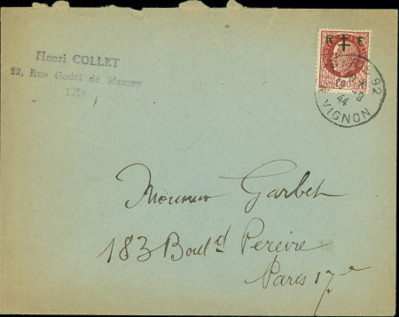 N°517, 1F50 Pétain, avec surcharge manuscrite "RF" OBL CAD "Paris 94 R. Vignon" (16.9.44) sur lettre. TB