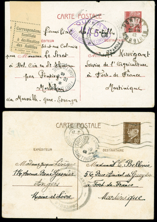 Entier CP 1F20 Pétain OBL Pontivy (1942) pour la Martinique avec rare étiquette "Correspondance familiale à destination des Antilles" + entier CP 80 Pétain OBL Angers (1942) pour la Martinique avec arrivée. TB