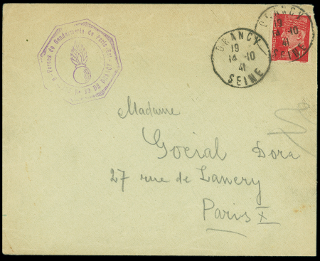 N°514 OBL Drancy Seine (1941) sur lettre d'un interné israélite avec cachet violet "Forces de gendarmerie de Paris-Est-Brigade de Drancy"