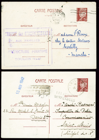 2 plis pour le Sénégal et le Soudan avec griffes diff "relations suspendues" (nov 1942) + entier CP 1F20 Pétain provenance croiseur Duquesne (Alexandrie). TB