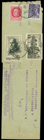N°413 + 501 + 519 + 525, 50F noir (RR) OBL Vichy (1941) sur bande du Journal Officiel pour l'Ambassadeur à Buenos Ayres. TB