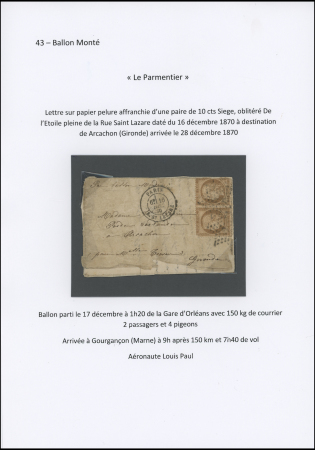 2 ballons montés transportés par le Parmentier à destination d'Arcachon (lettre fatiguée) et Gazette des Absents pour Blois (TB)