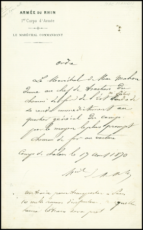 4 documents avec autographes de Mac Mahon, du Général Trochu, de Gambetta et de Thiers. TB