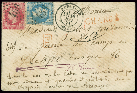 N°29 + 32 OBL GC 456 + T17 Besançon (16 mai 71) sur lettre chargée adressée à un prisonnier français au camp de Stehfeld en Allemagne. TB