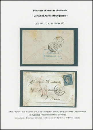 Dossier de 3 lettres avec cachet rect bleu "Versailles Auswechselungsstelle" (1871) dont une lettre pour Milan avec 4 timbre-taxe d'Italie OBL Milano + documentation. RR et TB