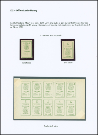 Dossier sur l'agence Lorin Maury dont 3 feuillets de 5 paires de timbres à 5c vert, 10c violet et 50c rouge + 4 env.  avec adresse imprimée "E. Lorin Ile St Denis (Seine) + affichette du service postal E. Lorin. TB
