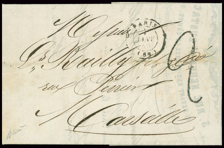 Lettre sans timbre avec CAD T15 "Paris (60)" (1 janv 49) + taxe 2 tampon façon manuscrite. TB