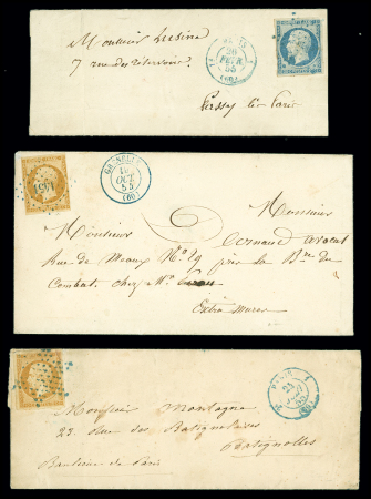 3 lettres : n°14 OBL étoile muette bleue + CAD bleu "1e Paris 1 (60) (1855). N°13 OBL PC 1451 bleu + T15 bleu "Grenelle (60)" (1854). N°13 OBL étoile muette bleue + T15 bleue "2e Paris 1 (60)" (1855). TB